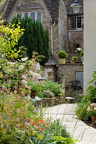 DESIGNER_ANNE_FOWLER__VIEW_DOWN_SIDE_OF_THE_HOUSE__TERRACE_ABOVE__CERCIS_FOREST_PANSY_BELOW