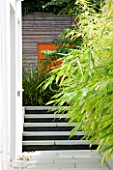 DESIGNERS WYNNIAT- HUSEY CLARKE: VIEW ALONG NARROW PASSAGEWAY/ CORRIDOR WITH PATH  BAMBOO  STEPS AND ORANGE PANEL ON WALL