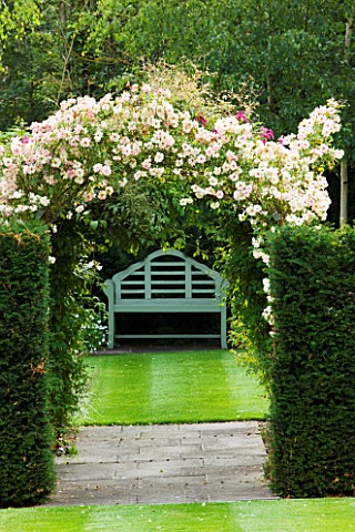 MEADOW_FARM__WORCESTERSHIRE_A_PLACE_TO_SIT__YEW_HEDGES_WITH_LUTYENS_BENCH_BENEATH_ROSE_PHYLLIS_BIDE_
