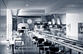 THE RIVER CAFE RESTAURANT  LONDON: BLACK AND WHITE TONED I MAGE OF INTERIOR OF RESTAURANT AND BAR