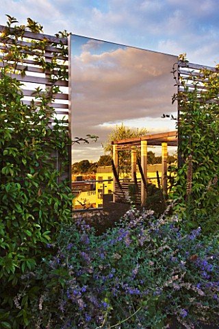 DESIGNER_CHARLOTTE_ROWE__LONDON_ROOF_GARDEN__BRONZED_GLASS_MIRROR_ON_TRELLIS_WALL_WITH_CITYSCAPE_AND