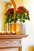 DESIGNER CLARE MATTHEWS: HOUSE PLANT - CHRISTMAS - FIREPLACE WITH MIRROR  WITH CANDLES AND SILVER BAG HOLDING CONTAINER PLANTED WITH POINSETTIA - EUPHORBIA PULCHERIMMA