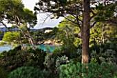DOMAINE DU RAYOL  FRANCE: VIEW ACROSS THE MEDITERRANEAN GARDEN TO THE HOTEL DELA MER FROM THE POINTE DU FIGUIER
