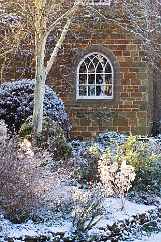 PETTIFERS__OXFORDSHIRE_GARDEN_IN_SNOW_IN_WINTER__VIEW_TO_THE_BACK_OF_THE_HOUSE_WITH_WHITE_TRUNK_OF_B