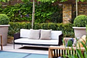 MODERN ROOF GARDEN BY STEPHEN WOODHAMS, LONDON: WOODEN BENCH/SEAT. DECK AND FROSTED GLASS SKYLIGHTS TO POOL BELOW. PLEACHED HORNBEAMS. CONTEMPORARY