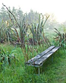 MOORS MEADOW GARDEN AND NURSERY  HEREFORDSHIRE: WROUGHT IRON AND WOODEN BENCH/ SEAT BY DAVE BISSELL NEAR THE LAKE