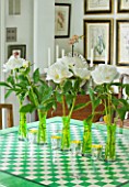 DESIGNER BUTTER WAKEFIELD  LONDON: THE KITCHEN WITH LINE OF GREEN VASES WITH WHITE PEONIES FROM COVENT GARDEN ACROSS TABLE WHICH WAS PAINTED BY BUTTER S MOTHER IN LAW