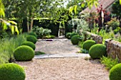 SANDHILL FARM HOUSE  HAMPSHIRE - DESIGNER ROSEMARY ALEXANDER - WIDE GRAVEL PATH EDGED WITH CLIPPED BOX LEADING TO GATE IN THE FRONT GARDEN