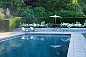 PRIVATE GARDEN, COTSWOLDS: DESIGNER ALISON HENRY - LAWN, SWIMMING POOL, TERRACE / PATIO - ROSE WINCHESTER CATHEDRAL, LAVENDER HIDCOTE.  FORMAL, WATER, CLASSIC,  ENGLISH,  GARDEN