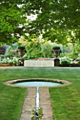 DESIGNER ALISON HENRY - PRIVATE GARDEN, COTSWOLDS: LAWN AND RILL TO FORMAL ROUND POND / POOL - LAWN, STONE PIERS WITH URNS, CONTAINERS, FORMAL, WATER, CLASSIC,  ENGLISH,  GARDEN