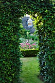 DESIGNER ALISON HENRY - PRIVATE GARDEN, COTSWOLDS: VIEW THROUGH HEDGE TO BOX EDGED BEDS WITH ROSES - ROSE GARDEN,  ENGLISH GARDEN, CLASSIC, COUNTRY
