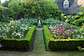 DESIGNER ALISON HENRY - PRIVATE GARDEN, COTSWOLDS: BOX EDGED BEDS WITH ROSES AND SUNDIAL  - ROSE GARDEN,  ENGLISH GARDEN, CLASSIC, COUNTRY