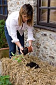 DESIGNER CLARE MATTHEWS - GROWING STRAWBERRIES AND NASTURTIUMS IN A STRAW BALE: ADD A HANDFUL OF MULTI-PURPOSE COMPOST TO EACH HOLE