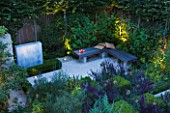 DESIGNER CHARLOTTE ROWE, LONDON: SMALL, TOWN, CITY, GARDEN, WOODEN, BENCH, FENCES, FENCING, CHAIRS, SEATS, PATIO, TERRACE, ENTERTAINING, SUMMER, LIGHTS, LIGHTING
