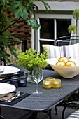 DESIGNER CHARLOTTE ROWE LONDON: SMALL, TOWN, CITY, FORMAL, CONTEMPORARY, GARDEN, PAVING, TERRACE, PATIO, BLACK, TABLE, CHAIRS, CUSHIONS, ENTERTAINING