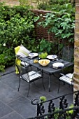 DESIGNER CHARLOTTE ROWE LONDON: SMALL, TOWN, CITY, FORMAL, CONTEMPORARY, GARDEN, PAVING, TERRACE, PATIO, FENCES, FENCING, SCREENS, WOODEN, BLACK, TABLE, CHAIRS, CUSHIONS, ENTERTAINING