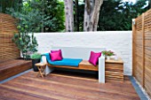 @JARDINROSAINSPIRATIONS - SMALL TOWN GARDEN: HANDMADE WHITE PAINTED OUTDOOR SOFA. A  PLACE TO SIT - PINK CUSHIONS