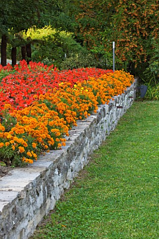 VILLA_GIUSEPPINA__LAKE_COMO__ITALY___RAISED_BED_BESIDE_THE_LAWN_PLANTED_WITH_BEDDING_PLANTS