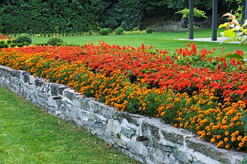 VILLA_GIUSEPPINA__LAKE_COMO__ITALY___RAISED_BED_PLANTED_WITH_BEDDING_BESIDE_THE_LAWN