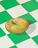 DESIGNER BUTTER WAKEFIELD  LONDON - THE KITCHEN TABLE OF GREEN AND WHITE SQUARES WITH AN APPLE MADE BY BUTTERS MOTHER-IN-LAW - FELICITY WAKEFIELD