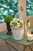 DESIGNER: JACKY HOBBS  LONDON: LIVING ROOM AT CHRISTMAS - CANDLES   GLASS JAR AND WHITE CONTAINER WITH ROSES ON GREEN TABLE
