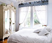 DESIGNER: JACKY HOBBS  LONDON: BEDROOM WITH WHITE BED LINEN AND MIRROR FRONTED WARDROBE