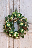 DESIGNER: JACKY HOBBS  LONDON: CHRISTMAS WREATH WITH CABBAGES ON DOORS