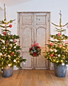 DESIGNER: JACKY HOBBS  LONDON: THE LIVING ROOM AT CHRISTMAS WITH DOOR  WREATH AND TWO CHRISTMAS TREES