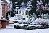 FORMAL TOWN GARDEN IN SNOW  OXFORD  WINTER: DESIGN BY LIZ NICHOLSON - ARBOUR/ GAZEBO  HOUSE AND BOX HEGDING