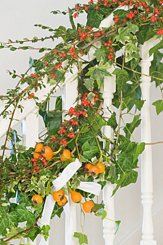 BRUERN_COTTAGES__OXFORDSHIRE_CHRISTMAS__IVY_AND_COTONEASTER_BERRIES_IN_STAIRCASE_DECORATION