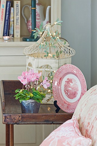 BRUERN_COTTAGES__OXFORDSHIRE_CHRISTMAS__THE_LIVING_ROOM__SETTEE_COFFEE_TABLE_WITH_CYCLAMEN__PINK_CHI