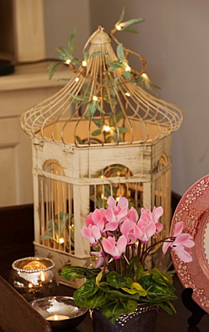 BRUERN_COTTAGES__OXFORDSHIRE_CHRISTMAS__THE_LIVING_ROOM__CREAM_BIRDCAGE_WITH_FAIRY_LIGHTS__CANDLES__