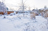 RICKYARD BARN  NORTHAMPTONSHIRE: THE GARDEN IN SNOW  WINTER