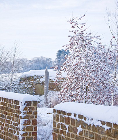 RICKYARD_BARN__NORTHAMPTONSHIRE_THE_GARDEN_IN_SNOW_WITH_WOODEN_NEEDLE__WALLS_AND_MALUS_RED_SENTINEL