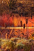 RHS GARDEN WISLEY  SURREY: VIEW ACROSS THE LAKE WITH WICKER SCULPTURE  CAREX ASHIMENSIS EVERGOLD  NADINA DOMESTICA FIRE POWER AND CORNUS IN BACKGROUND. WINTER  JANUARY