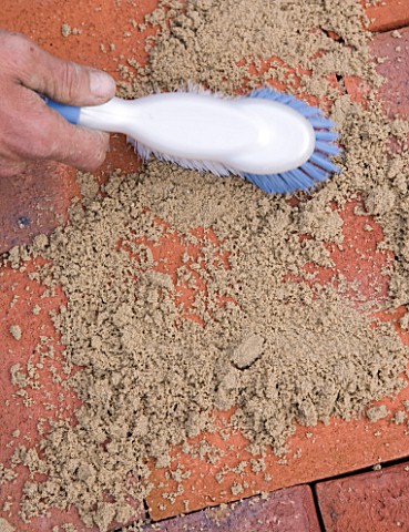 BRICK_PATH_PROJECT__DEVON__DESIGNER_CLARE_MATTHEWS__DRIED_SAND_BEING_BRUSHED_INTO_THE_CRACKS_OF_BRIC