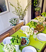 DESIGNER: KALLY ELLIS  LONDON: KITCHEN TABLE LAID FOR LUNCH WITH PALE GREEN VIBURNUM HEADS AND WHITE SWEET PEAS
