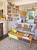 DESIGNER: KALLY ELLIS  LONDON: LIVING ROOM WITH OAK COFFEE TABLE  SETEE  FIREPLACE AND BOOKCASE