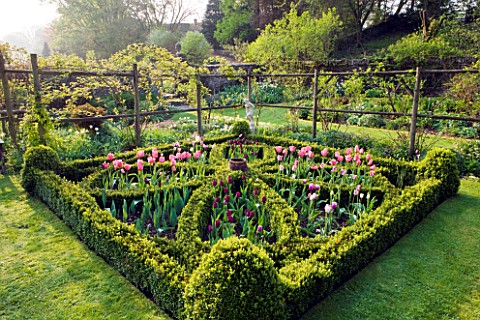 CERNEY_HOUSE_GARDEN__GLOUCESTERSHIRE_THE_KNOT_GARDEN_IN_THE_WALLED_GARDEN_WITH_BOX_EDGED_BEDS_AND_TU
