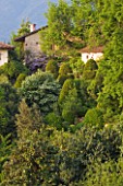 GARDEN OF PAOLO PEJRONE  ITALY: VIEW OF THE GARDEN AND HOUSE WITH MOUNTAINS BEHIND