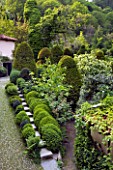 GARDEN OF PAOLO PEJRONE  ITALY: CLIPPED TOPIARY SHAPES VIEWED FROM THE HOUSE