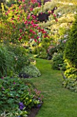 ANDRE EVE GARDEN  FRANCE - GRASS PATH SURROUNDED BY ROSA CERISE BOUQUET