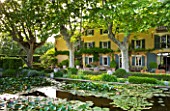LES CONFINES  PROVENCE  FRANCE - DESIGNER: DOMINIQUE LAFOURCADE - THE HOUSE WITH PLANE TREES SEEN FROM ACROSS THE WATERLILY POND