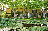 LES CONFINES  PROVENCE  FRANCE - DESIGNER: DOMINIQUE LAFOURCADE - THE HOUSE WITH PLANE TREES SEEN FROM ACROSS THE WATERLILY POND