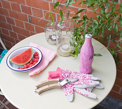 THE_BALCONY_GARDENER__ISABELLE_PALMER__CAFE_TABLE_WITH_WATERMELON__GLOVES_AND_COKE_BOTTLE