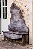 PRIEURE NOTRE-DAME DORSAN  FRANCE: WOODEN SEAT BY THE SHOP
