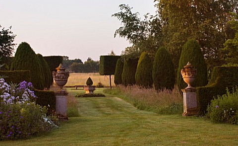 KINGSBRIDGE_FARM__BUCKINGHAMSHIRE_FORMAL_YEW_AVENUE_WITH_URNS_AND_MEADOW_GRASS__CENTRAL_FONT_AND_PLE