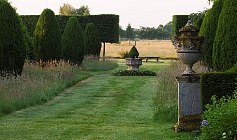 KINGSBRIDGE_FARM__BUCKINGHAMSHIRE_FORMAL_YEW_AVENUE_WITH_MEADOW_GRASS_AND_CENTRAL_FONT_AND_PLEACHED_