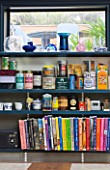 CHANTAL COADY HOUSE  LONDON: DETAIL OF SPICE SHELVES AND COOKBOOKS IN THE KITCHEN