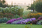 WATERPERRY GARDENS  OXFORDSHIRE: THE TRIAL BEDS AT DAWN WITH VIEW TO FIELDS BEYOND